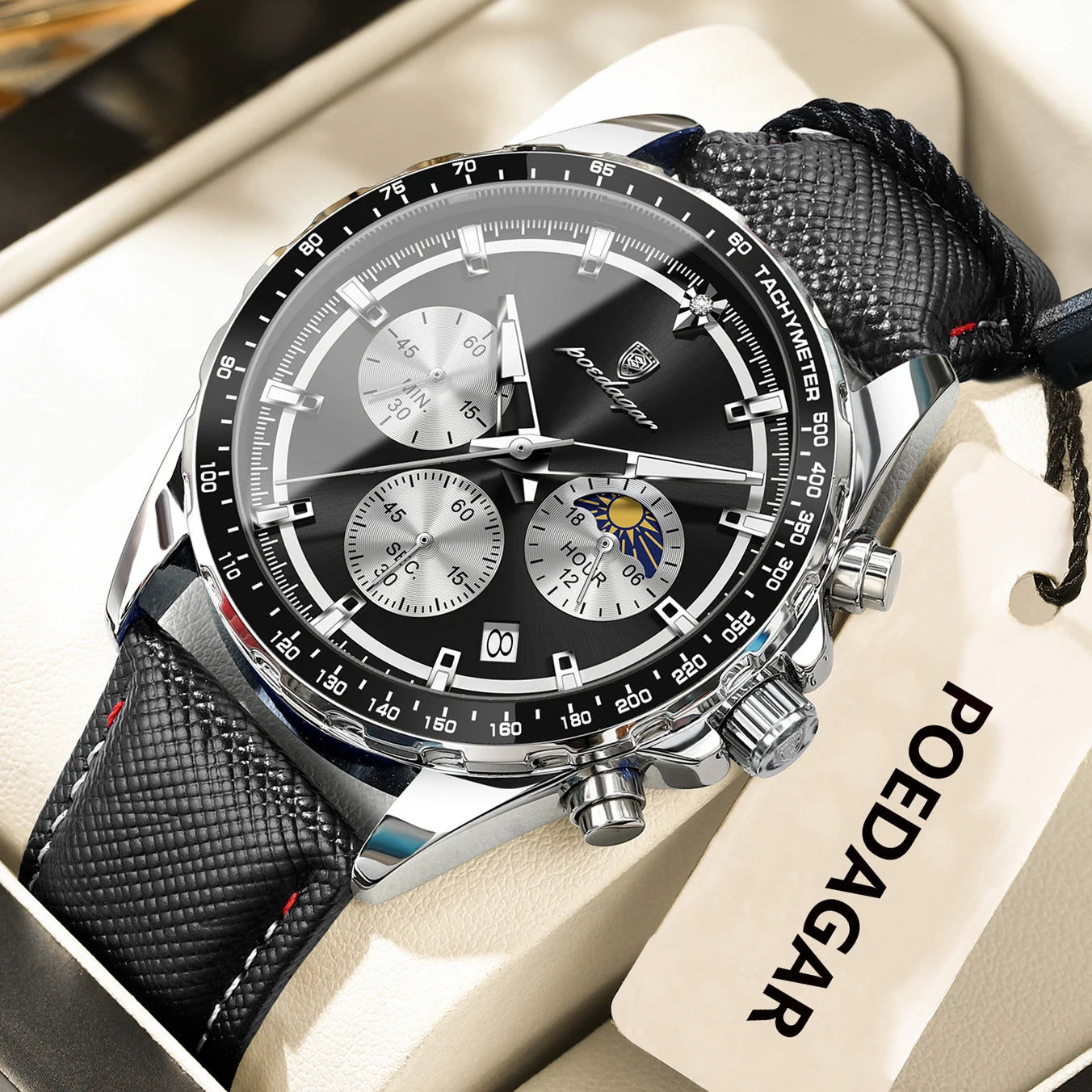 Premium Leather Chronograph Watch – Luminous Dial, Date Display, Quartz Movement